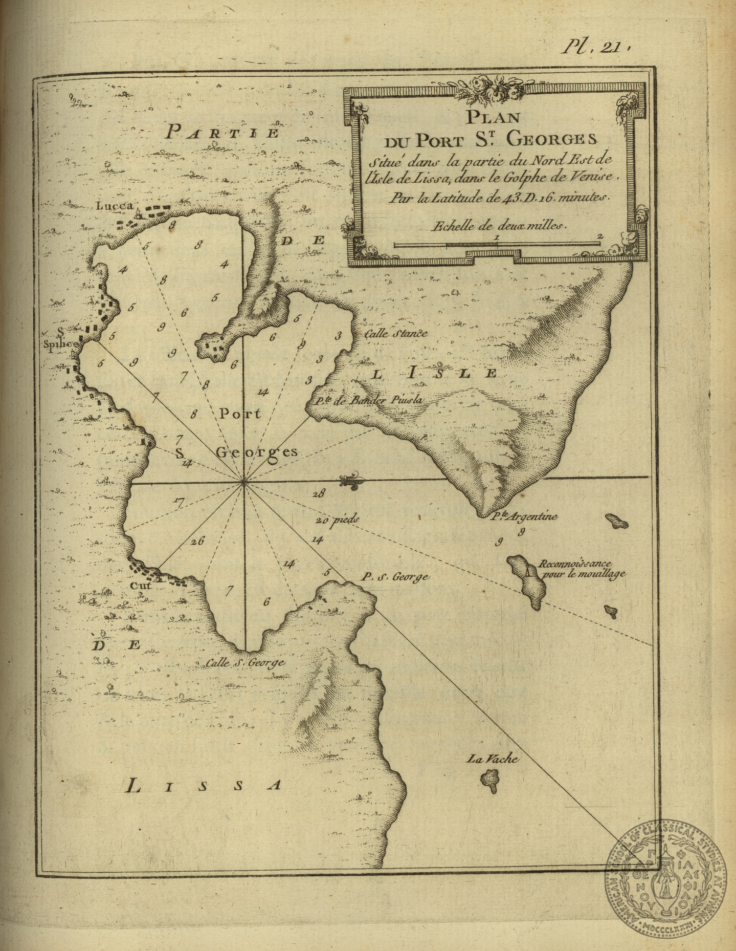 Plan du port S. Georges situe dans la partie du Nord Est de l' isle de Lissa, dans le golphe de Venise